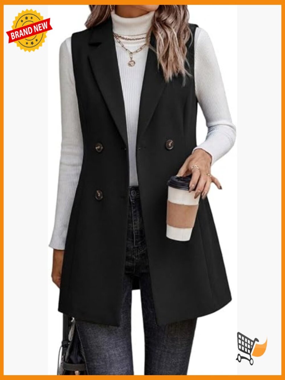 Sleeveless Tweed Blazer Vest Cardigan Notch Lapel Double-Breasted Long